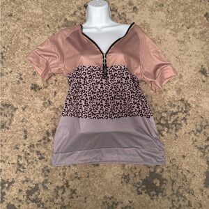 Leopard Print Zipper Blouse - Pink and Gray